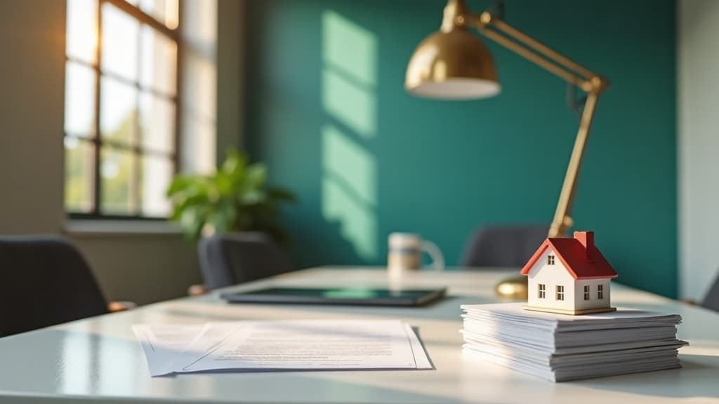Bright modern office with a mortgage advisor reviewing loan documents at a clean desk