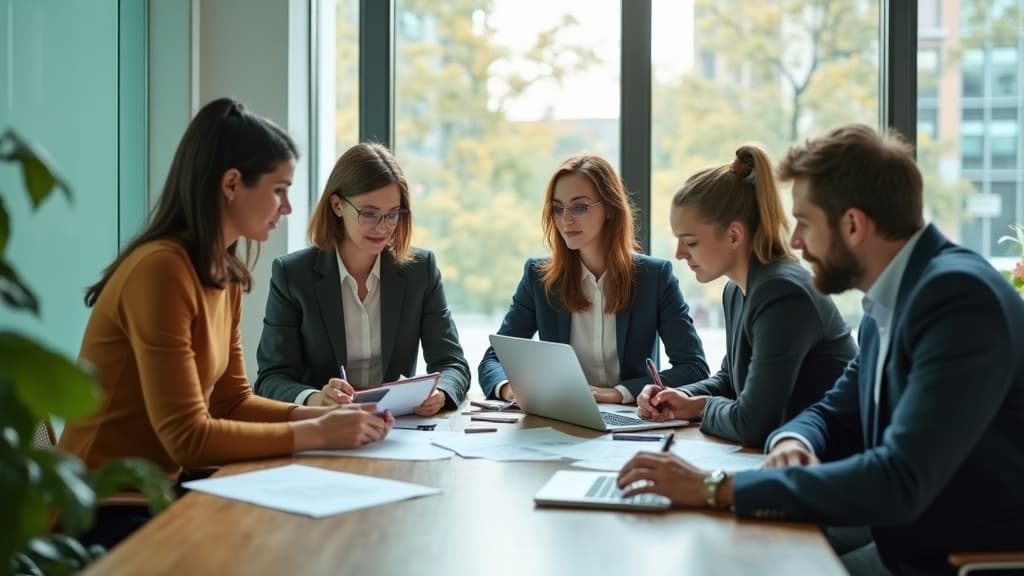 Diverse team of mortgage advisors working together in a bright glass office